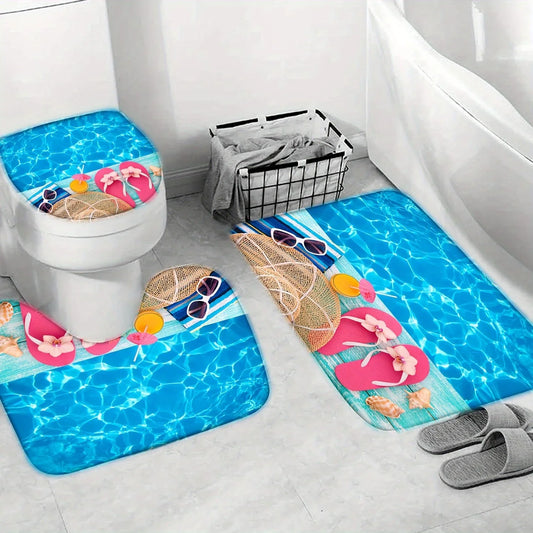 Set Pentru Baie: Perdea, Covorase Si Husa De Toaleta - Summer Beach