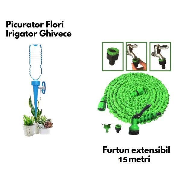 Furtun extensibil pentru gradina, lungime 15 m, aparat de udat inclus + Irigator Ghivece