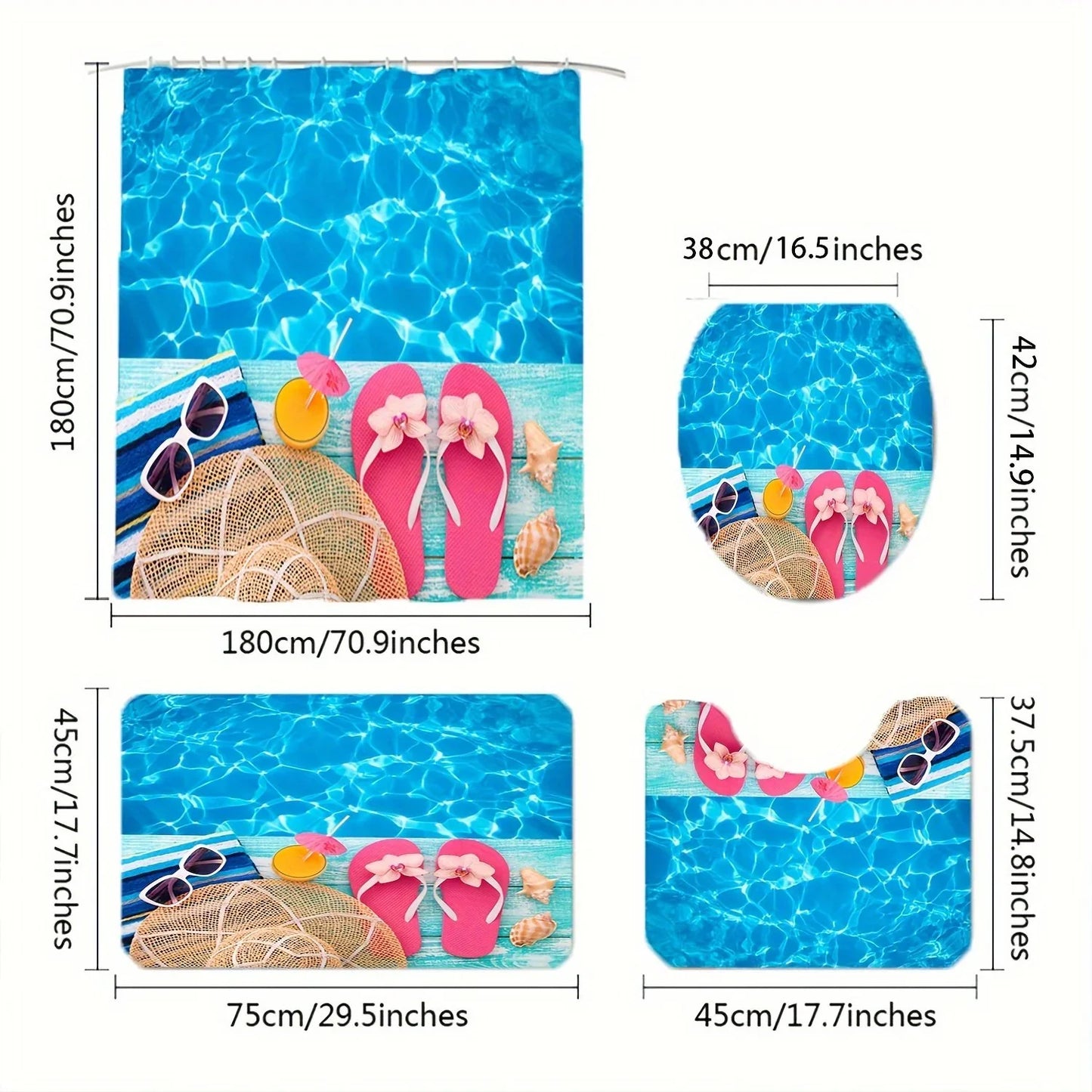 Set Pentru Baie: Perdea, Covorase Si Husa De Toaleta - Summer Beach