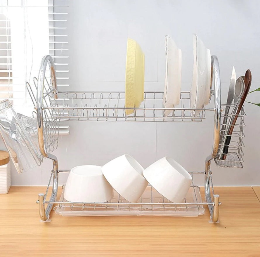 Suport Etajat Vase Bucatarie cu Tavita de Scurgere, Suport Pahare si Tacamuri – Organizator Compact 2 Nivele