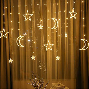 Decoratiune - perdea luminoasa stele si luna 3 METRI, Alb-Cald, Interior - Exterior