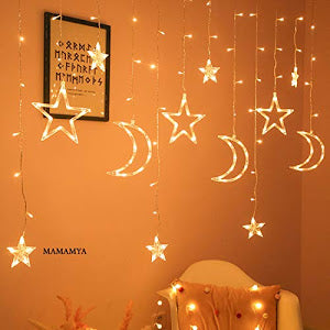 Decoratiune - perdea luminoasa stele si luna 3 METRI, Alb-Cald, Interior - Exterior