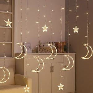 Decoratiune - perdea luminoasa stele si luna 3 METRI, Alb-Cald, Interior - Exterior