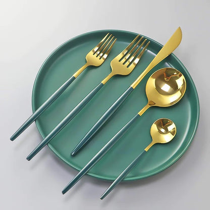 Set 24 de tacamuri, 6 persoane, otel inoxidabil, verde cu auriu