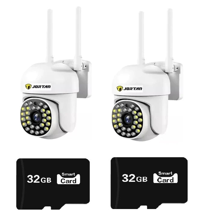 Set 2 x Camere de Supraveghere Video Jortan , 32 Leduri, Rotative, Infrarosu, Rezistanta la apa + 2 carduri 32GB