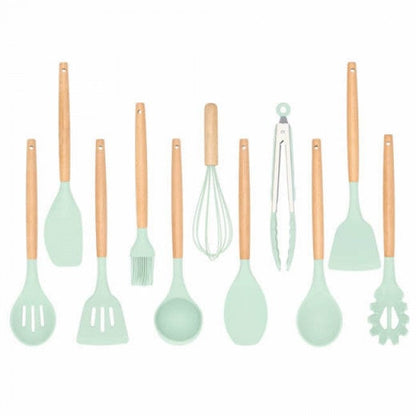 Set 12 ustensile de gatit din silicon, maner rezistent din bambus