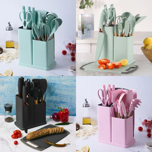 Set 19 Ustensile pentru Bucatarie din Silicon,cu Maner de  Lemn si Suport