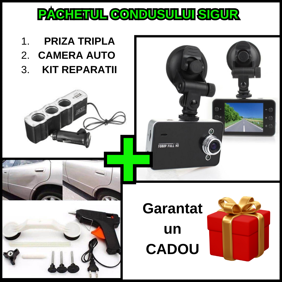 Pachetul condusului sigur -  Camera auto DVR HD 1080p cu display de 2.4 inch + Kit pentru repararea caroseriei auto (Pops-a-Dent) + Priza tripla cu USB pentru auto