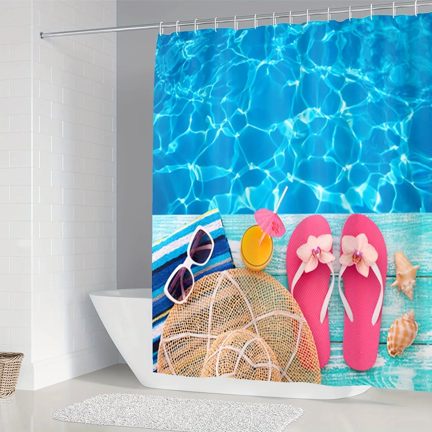 Set Pentru Baie: Perdea, Covorase Si Husa De Toaleta -  Summer Beach